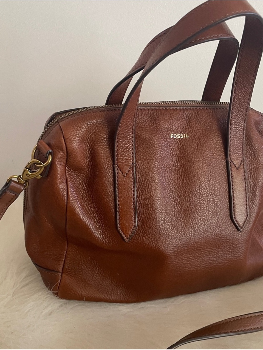 Fossil Chestnut Brown Pebbled Leather Crossbody Satchel Sydney - Picture 2 of 7